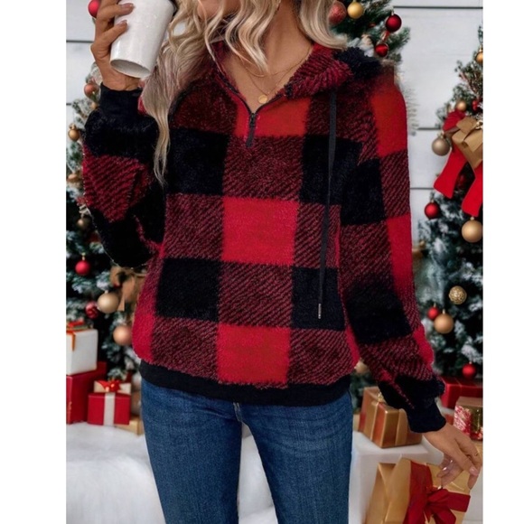 Red Plaid Super Soft Quarter Zip Long Sleeve Hooded Sweatshirt - Picture 3 of 5